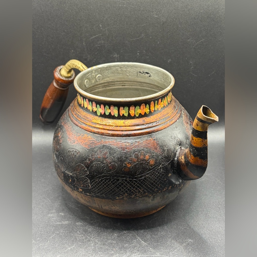 Vintage Handmade Hand Painted Etched Floral Copper Brass Wood Teapot Jug Vessel